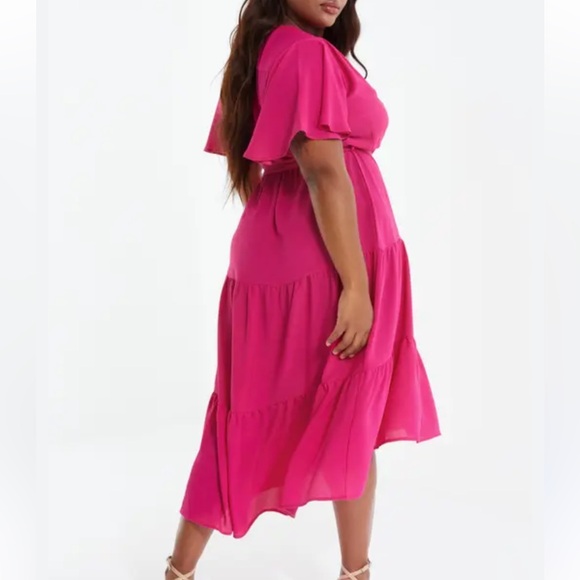 Quiz Crepe Maroon Tiered Wrap Dip Hem Dress Ruffle Cap Sleeve US 12 Whimsigoth - Picture 3 of 13